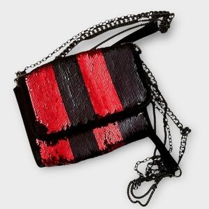 Zara Striped Reversible Sequin Crossbody Bag Chain Strap Pockets